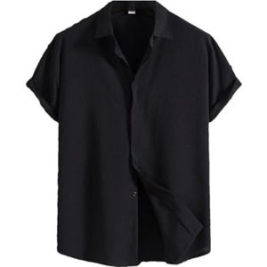 Dcvmvmn Heren zomer shirt met korte mouwen losse effen knoop korte mouw grote maat katoenen overhemd, Zwart, XL