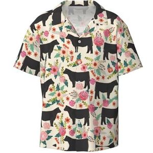 YJxoZH Roze Bloem Show Steer Koeien Vee Print Heren Jurk Shirts Casual Button Down Korte Mouw Zomer Strand Shirt Vakantie Shirts, Zwart, 3XL