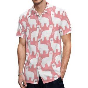 Roze lama Alpaca Heren Korte Mouw Shirts Casual Button-down Tops T-shirts Hawaiiaanse Strand Tees S