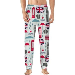 Londense symbolen en Britse vlag heren pyjama broek zachte lounge bodems lichtgewicht slaapbroek