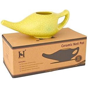 Keramische Neti-pot voor neusreiniging crackle patroon | Neti pot met 10 zakjes netizout + handleiding | Natuurlijke behandeling voor sinus, infectie en congestie (geel)