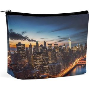 JKLQWH Lederen make-uptas, waterdichte make-uptas voor vrouwen, New York City, landschap, open, platte toilettassen, draagbaar zakje met rits, make-up organizer hoesje voor reisaccessoires, New York