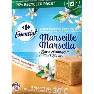 Ons Essential Lessive Poudre Marseille oranje Carrefour Essential wasmiddel Savon de Marseille met geur oranjebloesem voor maximaal 50 wasbeurten