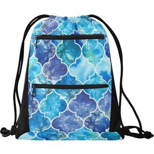 FRODOTGV Grote Blauwe Patroon Aquarel Marokkaanse Trekkoord Rugzak Trekkoord Rugzak Outdoor Tas Zwemmen Yoga Sackpack met, Grote blauwe patroon aquarel Marokkaanse, One Size