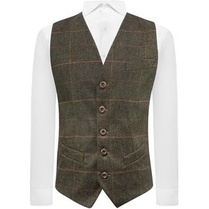 King & Priory Luxe Olijfgroen Visgraat Geruit Vest Tweed, Olijfgroen, XXL