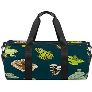 Gestippelde golf gestreept geometrisch mozaïek patroon kleurrijke reizen duffel tas sport bagage met rugzak draagtas gymtas voor mannen en vrouwen, Groene Kikker Paddestoel Lotus Blad Marineblauw, 45 x 23 x 23 cm / 17.7 x 9 x 9 inch