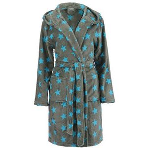 Brandsseller Damesbadjas met Sterren S/M – Zachte badjas van microvezel met capuchon – Oeko-Tex gecertificeerd – Voor thuis, sauna & wellness – Grijs/Turkoois