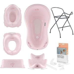 Hylat Baby Set 7: Babybadje met standaard, babybad inzet, afvoerslang, kinder toiletzitting, potje voor kinderen, opstapje - stabiel en comfortabel - Kleur: Roze, Motief: Friends
