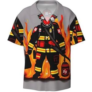 EdWal Brandweerman Brandweerman Print Heren Korte Mouw Button Down Shirts Casual Losse Fit Zomer Strand Shirts Heren Jurk Shirts, Zwart, 4XL