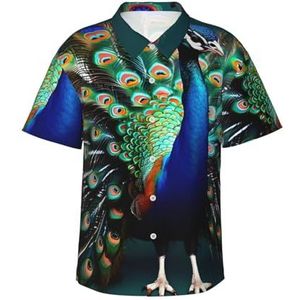 Mooi klassiek Hawaïaans overhemd met pauwenprint voor mannen, button-down, tropische shirts, casual strandkleding, Zwart, S