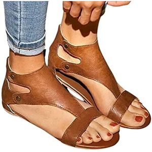 Dames gladiator sandaal bungalow casual comfortabele ronde kop strand platte schoenen zomer mode leer lichtgewicht waterdichte sandalen, bruin, 40