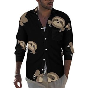 Schattige luiaard heren revers lange mouwen overhemd button down print blouse zomer zak T-shirts tops 6XL