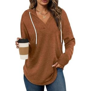 Withbelong - Casual V-hals - Hoodie - Karamel - Lange Mouw - Loose Fit