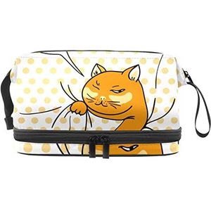 Make-up tas - grote capaciteit reizen cosmetische tas, schattige grappige oranje kat met gele stippen achtergrond, Meerkleurig, 27x15x14 cm/10.6x5.9x5.5 in