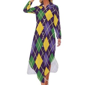 Groen en paars Mardi Gras Abstract Geometrisch Patroon Lange Mouw Maxi Shirt Jurken voor Vrouwen Casual V-hals Knopen Blouses 2XL