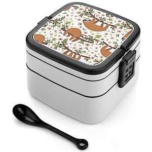 Roze Luiaard Bento Lunch Box Dubbellaags All-in-One Stapelbare Lunch Container Inclusief Lepel met Handvat