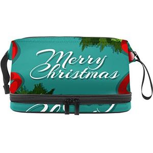 Grote capaciteit reizen cosmetische tas,Kerst ornamenten dennenappels groene achtergrond, make-up tas, waterdichte make-up tas organisator, Meerkleurig, 27x15x14 cm/10.6x5.9x5.5 in