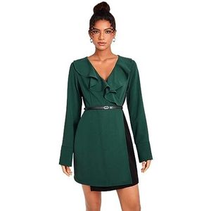 jurken voor dames Jurk met ceintuur en ruches - donkergroen kleurblok A-lijn korte jurk met volantkraag en lange mouwen (Color : Dark Green, Size : X-Small)