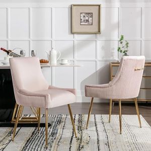 VSOGA Set van 6 eetkamerstoelen met verticale strepen, gestoffeerde stoel, metalen poten met metalen handgreep, moderne loungestoel, slaapkamer woonkamerstoel, roze