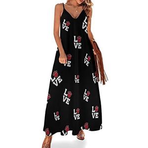 Love Paw Print In Heart Maxi-jurk voor dames, zomer, V-hals, mouwloos, spaghettibandjes, lange jurk