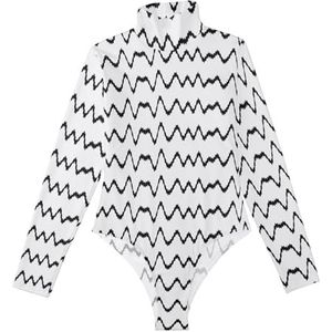 LI ZHI XIN Bodysuits voor dames, lange mouwen, eendelige jumpsuit met hoge hals, coltrui, turnpakje, top voor meisjes, dans, workout, fitness, body, zwart, golvende lijnen, Meerkleurig, S