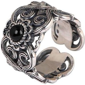 Ring S925 Silver Antique Thais Zilver Ingelegde Agaat Verstelbare Ring Unisex Holle Patroon Brede Zilveren Ring, Ring, S925 Sterling Zilver