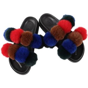 OLACD Pluizige open teen slippers met pompon - modieuze pluizige pantoffels voor binnen en buiten, platte pantoffels, MultiColor 24, one size