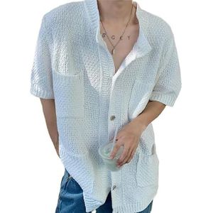 OHERUWKLS Geribbeld Breivest Voor Heren Fashion Casual Overhemd Met Meerdere Zakken Korte Mouwen,Wit,3XL