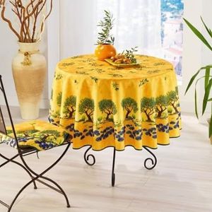 Provençaals tafelkleed, rond, vuilafstotend, 180 cm, olijfboom, geel, 100% polyester