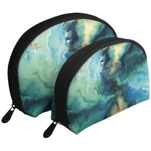 Make-uptas, cosmetische reistas, 2-delige draagbare clutch pouch-set Pouch Organizer Abstract gemarmerd oceaan marineblauw groenblauw groen, zoals afgebeeld, Eén maat