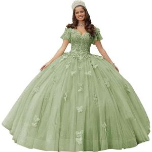Fuomomo Quinceanera MT052 Jurk met vlinderapplicaties van kant, 3D, glanzend, baljurk, schoudervrij, voor snoep, 15 en 16, verjaardagsjurk van tule, Salie, 30 NL