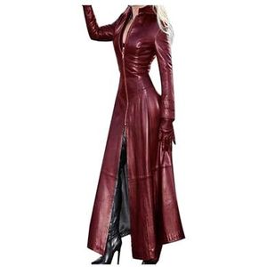 Lange Leren Jas Dames S-5XL, Sexy Imitatieleren Jassen For Dames, Herfst/winter Trenchcoat, Effen Windjack, Slim Fit Bovenkleding Damesjassen(Wine red,5XL)