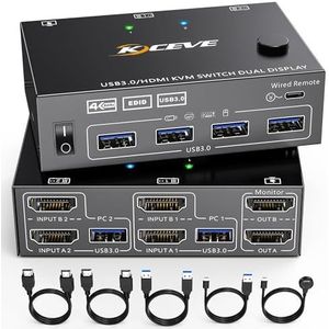 USB 3.0 KVM Switch, 2 computers, 2 monitoren, HDMI KVM schakelaar, dual-monitoren, met EDID-functie, ondersteunt 4K @60Hz, delen van muis, toetsenbord en beeldscherm, voor laptop, pc, PS5, Xbox