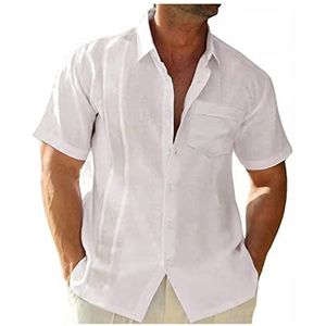 Herenoverhemd Linnen Katoen Strandoverhemd Met Korte Mouwen, Regular Fit Kampoverhemden Zomer heren t-shirt(Blanc,3XL)