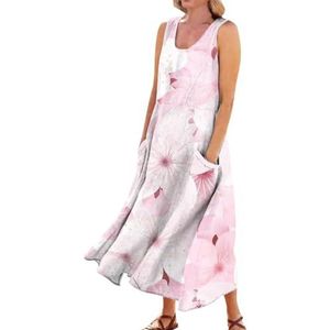 HHuiXinXue Maxi-jurk voor dames, casual, U-hals, mouwloos, zomerjurk, bloemenprint, strandjurk met zakken, kleur-7, L