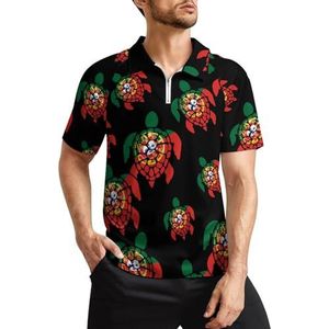 Portugal vlag zeeschildpad heren golfpoloshirts klassieke pasvorm korte mouw T-shirt bedrukt casual sportkleding top XL