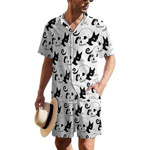 Black Cat Skull Hawaiiaanse pak voor heren, set van 2 stuks, strandoutfit, shirt en korte broek, bijpassende set