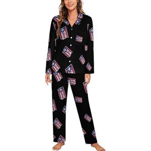 Puerto Rico Vlag Fck Trump Vrouwen Lange Mouw Button Down Nachtkleding Zachte Nachtkleding Lounge Pyjama Set 2XL
