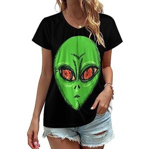 Groene ET Alien Womens V-hals T-shirts Leuke Grafische Korte Mouw Casual Tee Tops 2XL