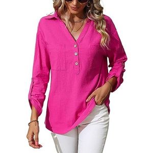 dames topjes Heet roze opgerolde overhemd met opgerolde mouwen en halve knopen (Color : Hot Pink, Size : M)