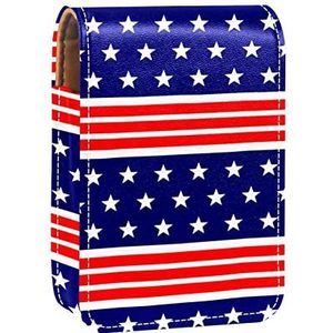American Stars Blauw Rood Streep Draagbare Lipstick Case voor Reizen,Mini Lipstick Opbergdoos met Spiegel voor Vrouwen Dames, Lederen Cosmetische Pouch, Meerkleurig, 9.5x2x7 cm/3.7x0.8x2.7 in