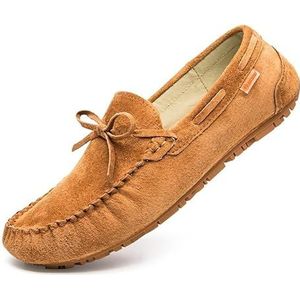 Heren Loafers Effen Kleur Suede Vamp Mocassins Bootschoenen Antislip Platte Hak Antislip Prom Casual Slip-ons (Color : Light brown, Size : 39 EU)