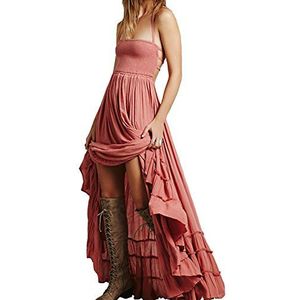 VERGOODR Damesjurk, katoen, sexy, mouwloos, boho, strand, blote rug, lange Boheemse jurk, roze, M