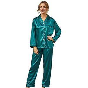 RUIRUIY Zijdeachtig satijnen pyjama voor dames, pyjama voor dames, lange mouwen, damespyjama met knoopsluiting, nachtkleding, PJ set, lange pyjamabroek en pyjamatops, tweedelig, groen, M