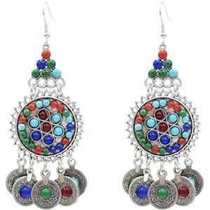 Vintage kleurrijke acryl kralen munten kwastje oorbellen Gypsy Tribal Turkse etnische jurk Indiase oor sieraden (Color : Silver_One size)