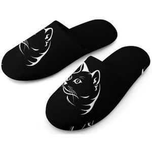 Kattengezicht op zwarte katoenen pantoffels voor dames, huisschoenen, wasbare pantoffels voor vrouwen, maat 36-37 (5.5-6)