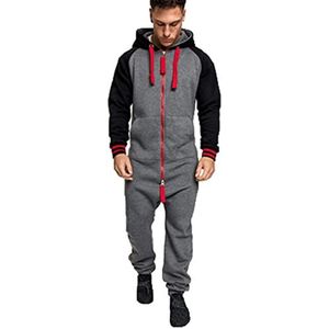 Guiran Heren Jumpsuits Fleece Pyjama Trainingspakken JumpsuitsHeren Jumpsuits Overalls Hoodie Pyjama, Grijs en rood, XL