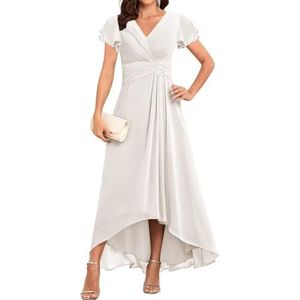 WSEYU Korte Mouw Moeder Van De Bruid Bruidegom Jurken Chiffon Kralen Formele Avond Grootmoeder Jurken Thee Lengte ZM203, Ivoor, 32