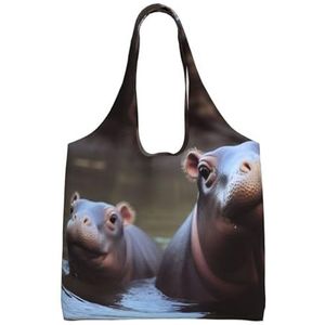 YNCATXZ Baby nijlpaarden canvas draagtas voor vrouwen esthetische boodschappentassen schoudertas herbruikbare boodschappentassen, Zwart, Eén maat
