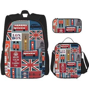 TyEdee School Bag Set: Rugzak met Lunchbox, Pencil Case - Stijlvolle Duurzame School Rugzak Set -Engeland Symbolen, Engeland Symbolen, Eén maat, Schooltas Set